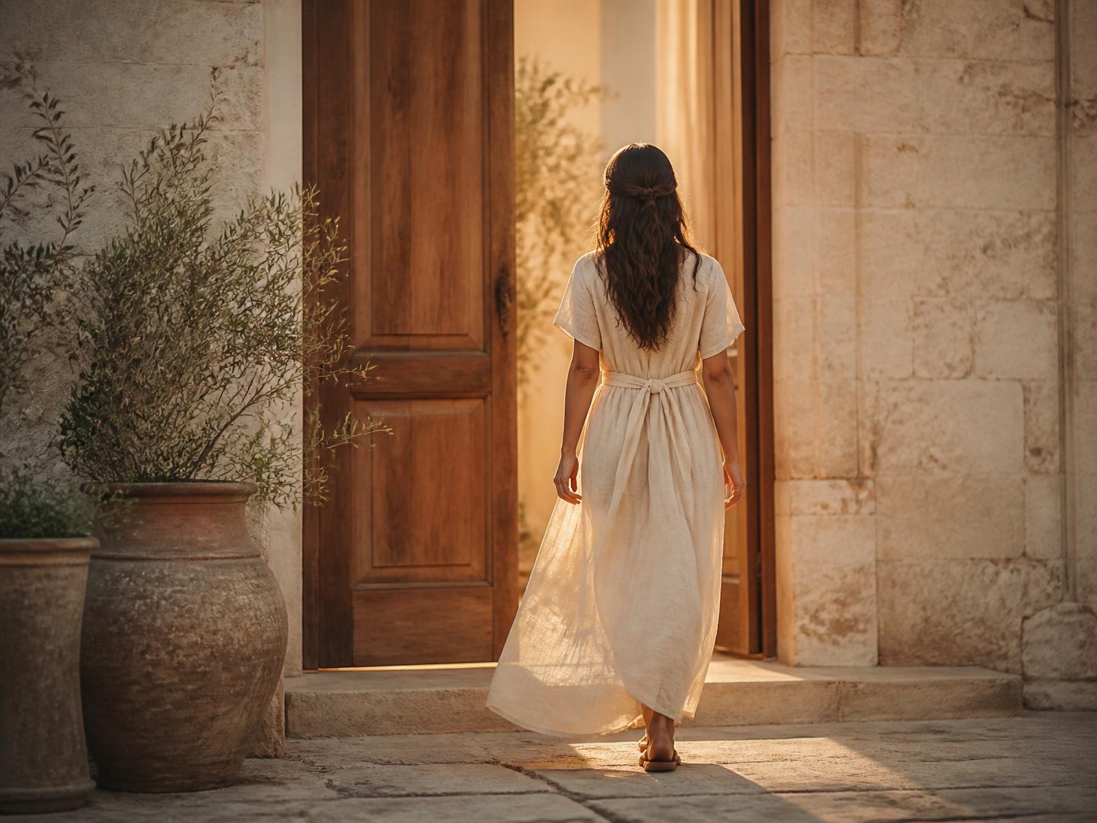 A woman in a soft linen dress walking gently toward an open doorway in warm morning light — an editorial invitation into a new chapter of energy stewardship and holistic wellness