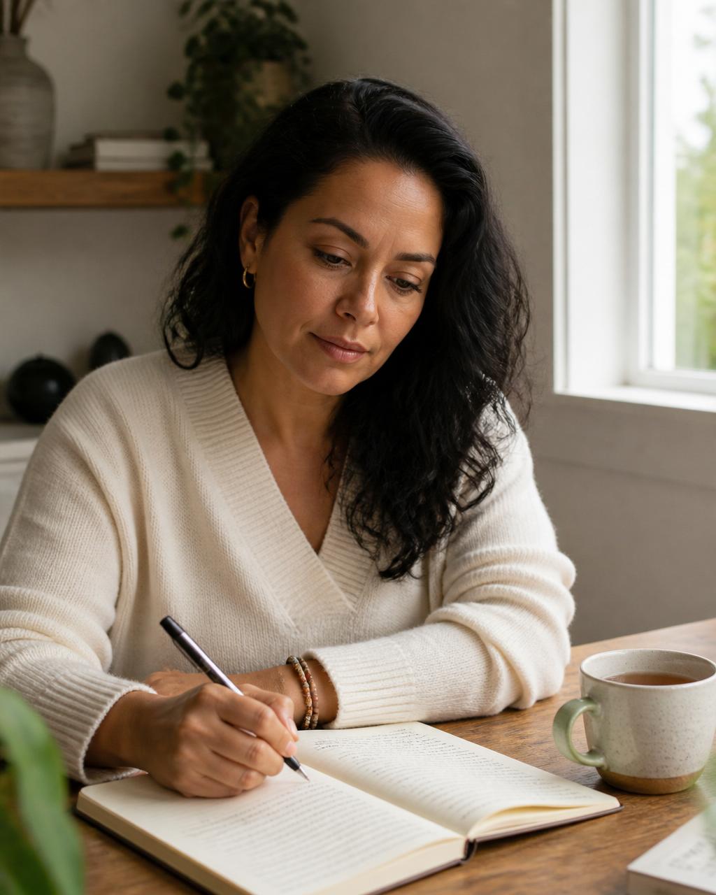A Latina woman journaling by a bright window in a peaceful home workspace — clarity, awareness, and emotional resilience