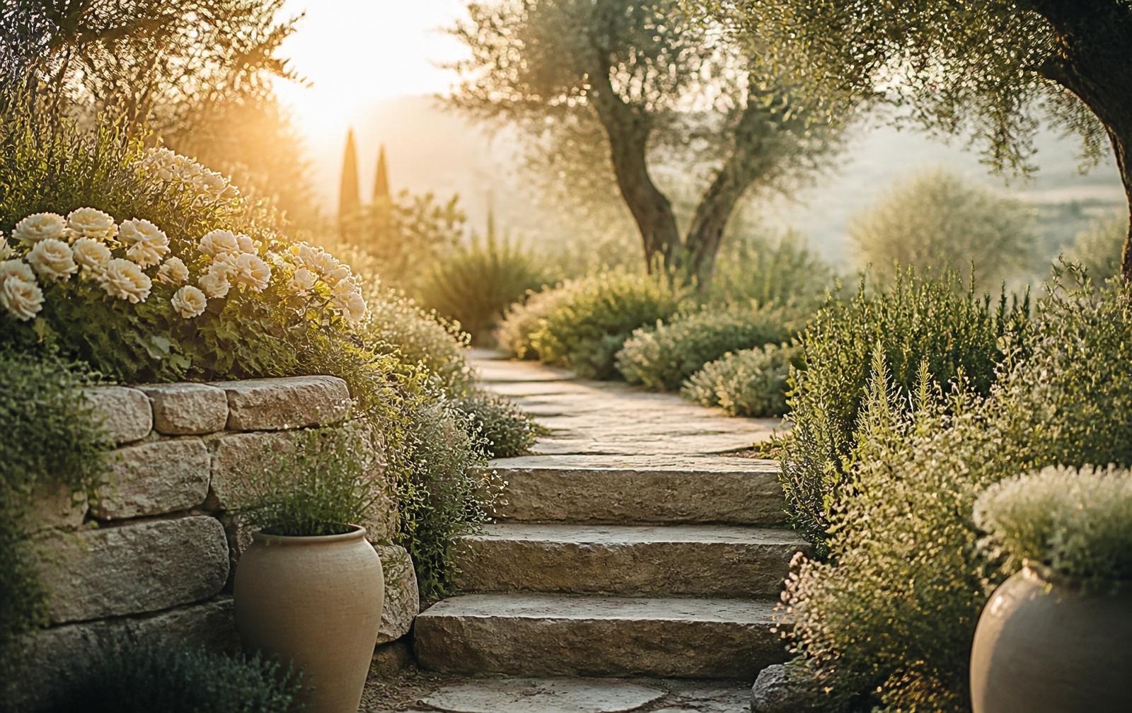 A garden path of natural stone steps leading gently toward warm morning light — a quiet symbol of invitation and forward movement