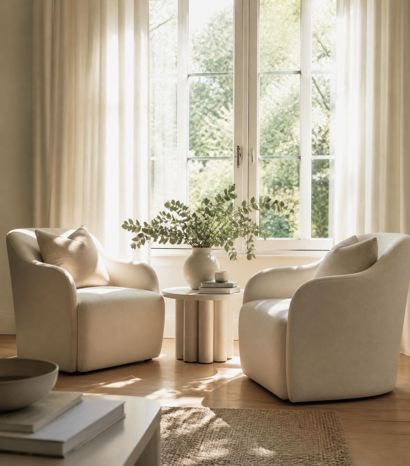 Complimentary functional health assessment and holistic health consultation — two soft linen armchairs facing each other beside a sunlit window, a quiet space to be heard