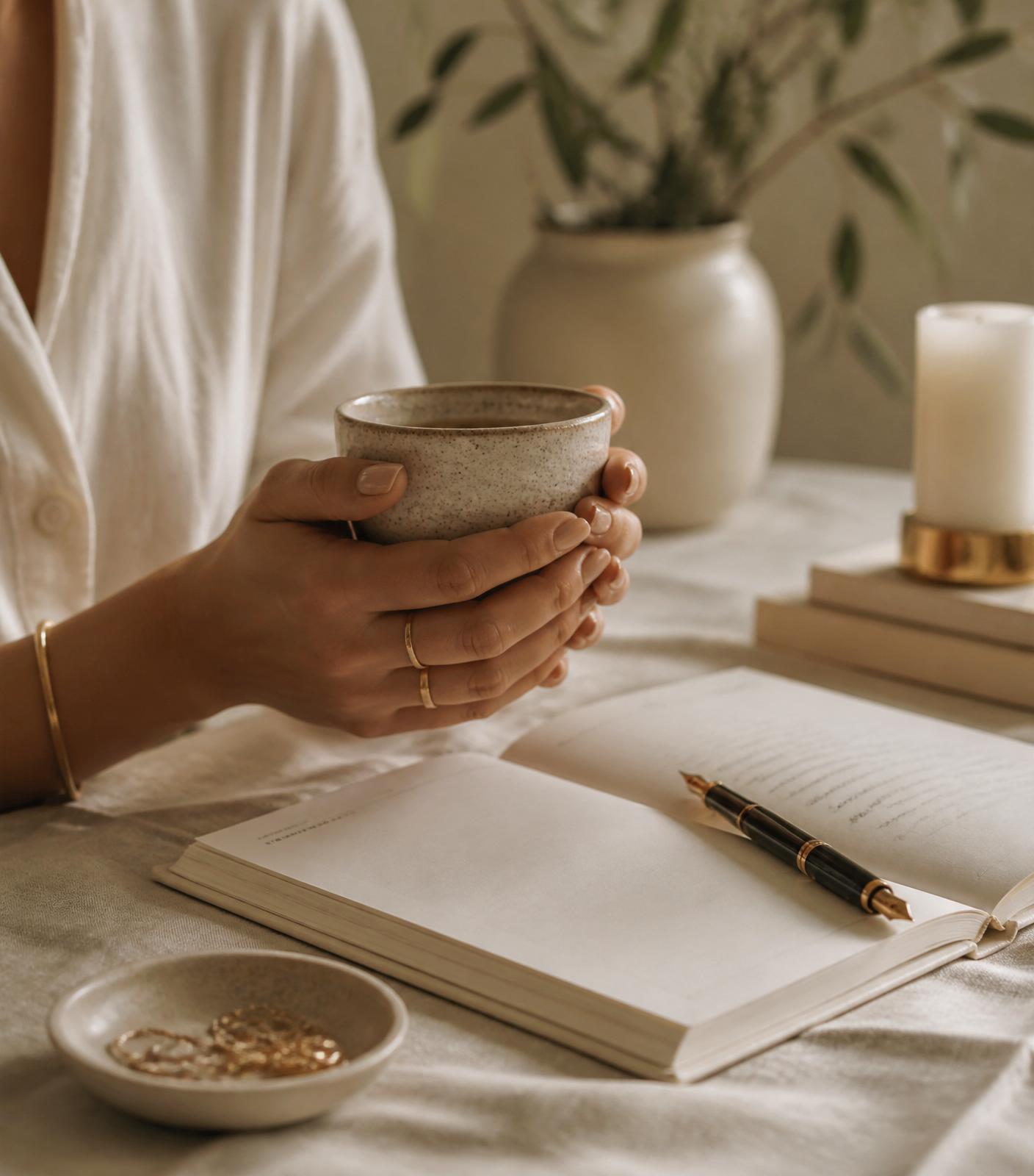 A woman's hands cradling a warm ceramic mug beside an open journal at a linen-draped table
