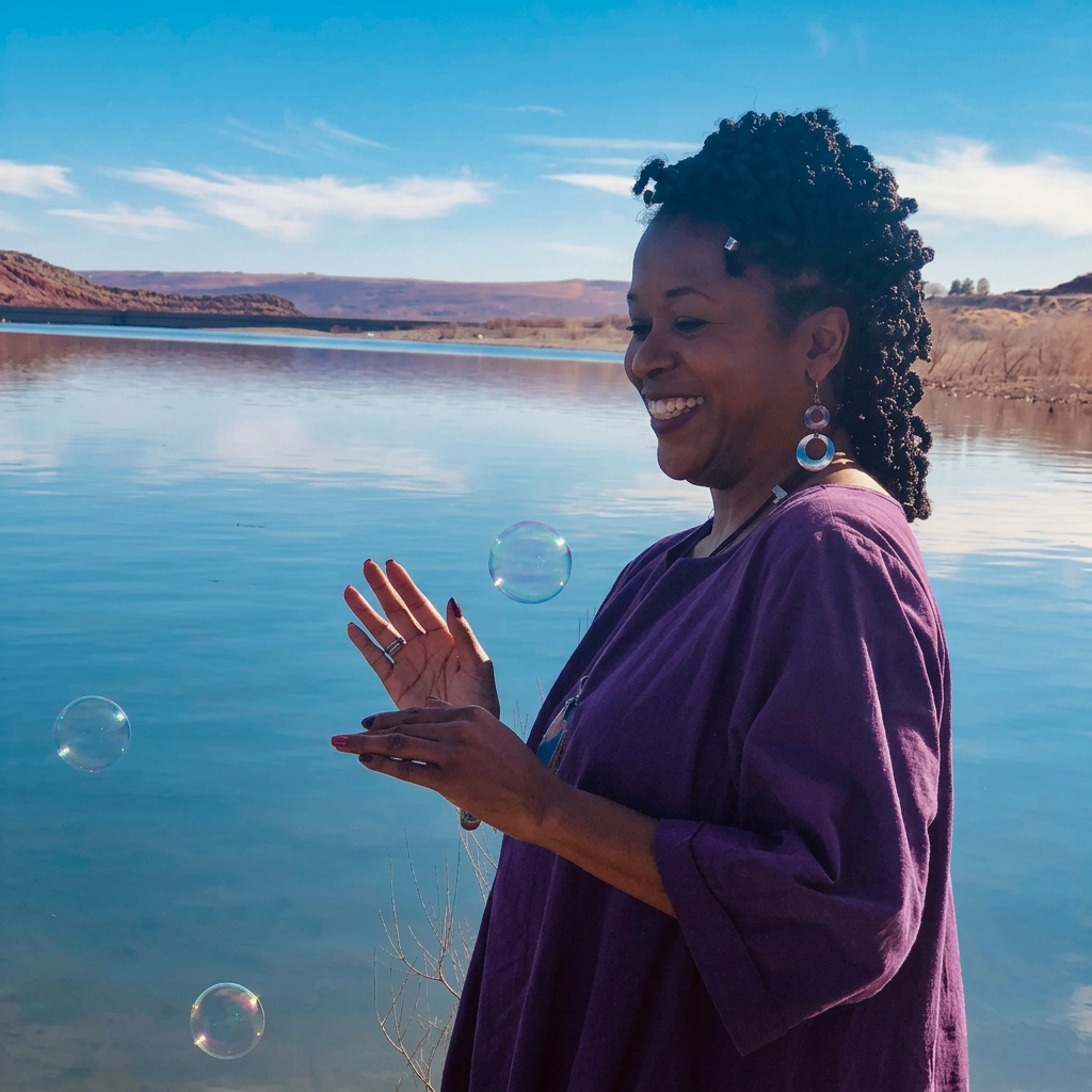 Dana Bagnall by a still desert lake, joyfully catching bubbles — a moment of restored capacity