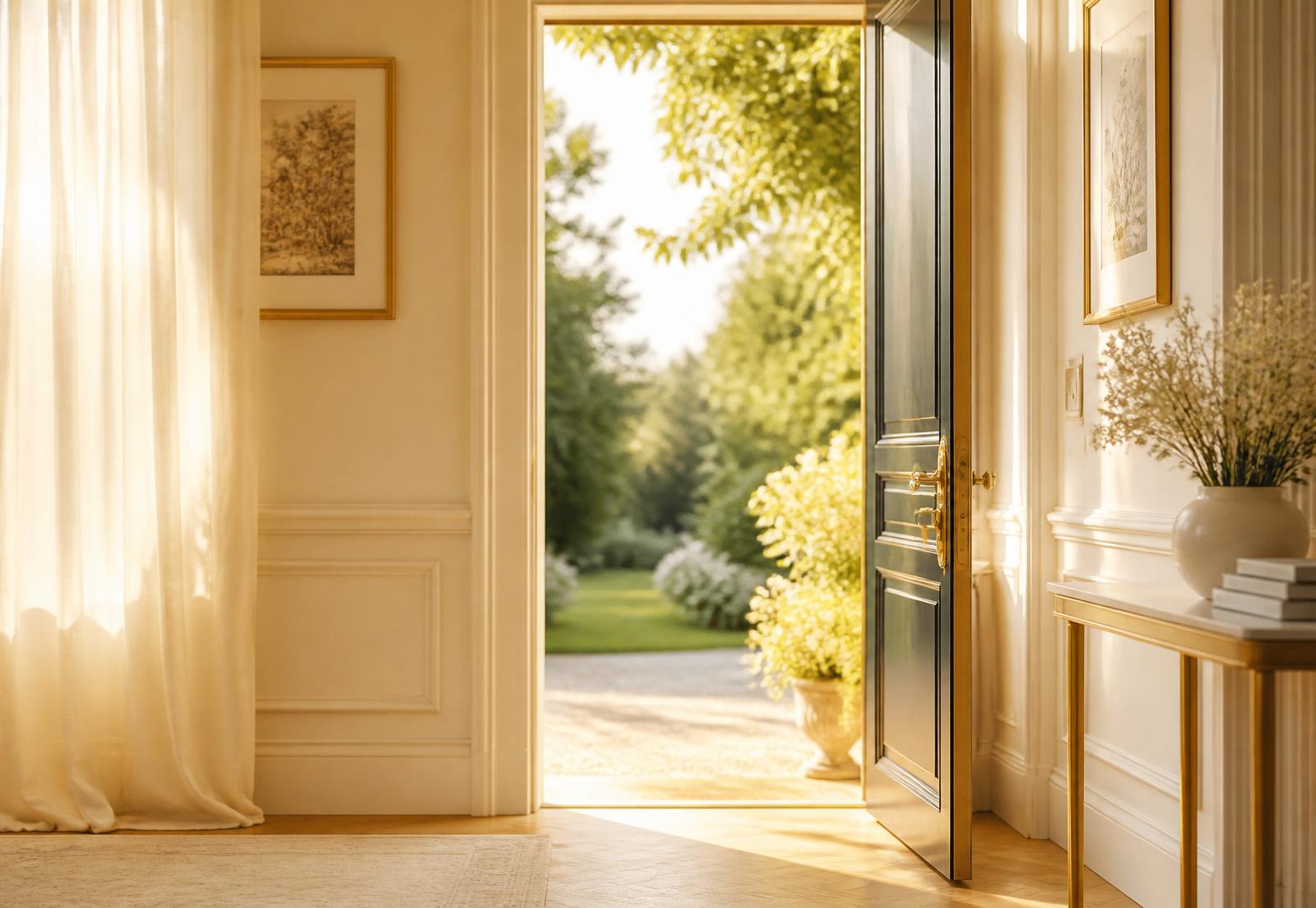 Warm sunlit doorway opening onto a garden — an editorial symbol of invitation and welcome into the Ultimate Wellness Journey