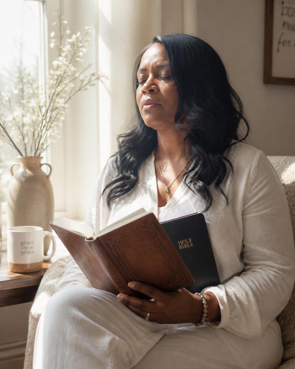 A Black woman in soft morning light quietly reading her journal and Bible — an editorial moment of spiritual energy, purpose, and renewal