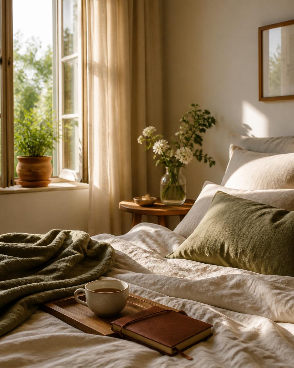 A serene bedroom sanctuary with soft linen bedding, an open window, potted plants, and a journal with tea — a restorative environment that supports capacity
