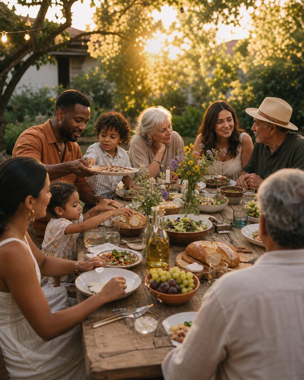 A diverse multi-generational outdoor gathering — African American, Latina, and Caucasian women sharing a sunlit meal in a garden, an editorial image of connection, family, community, and legacy