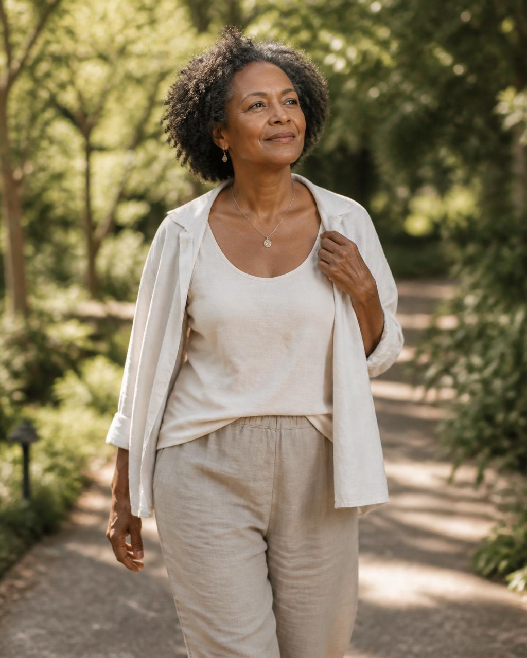 A woman with silver curls walking gently outdoors on a garden path in golden light — honoring the body with rest, movement, and nourishment