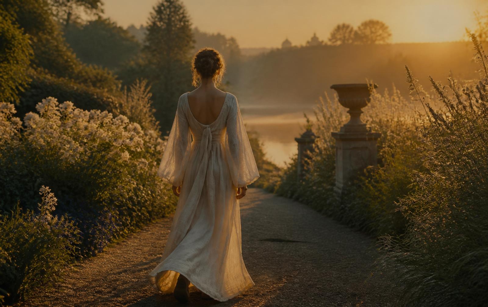 A woman walking toward a warm sunrise on a peaceful garden path, symbolizing the beginning of her wellness journey