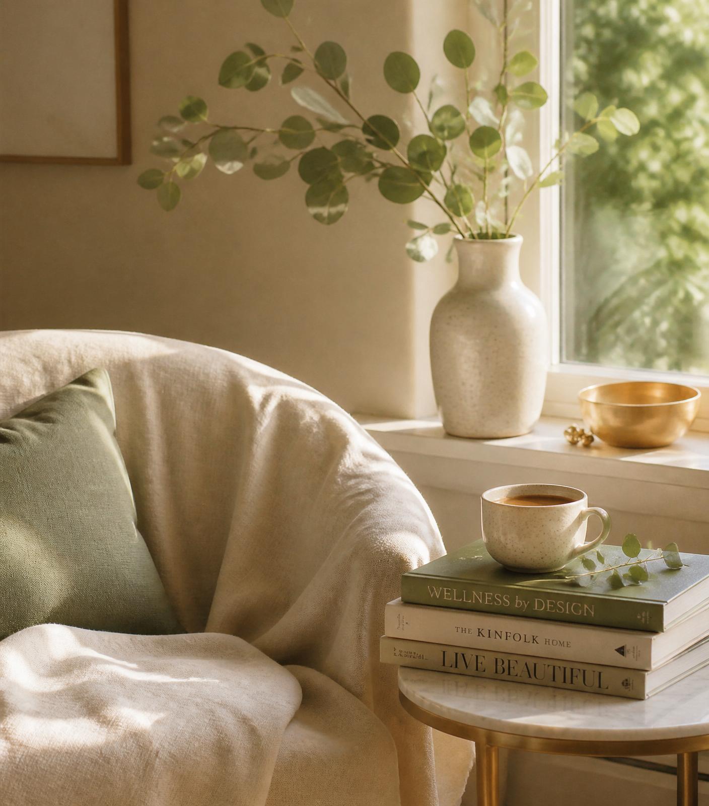Personalized wellness coaching and holistic health coaching — a calming linen chair and ceramic vessels in a sunlit sanctuary, representing the Align™ restoration experience