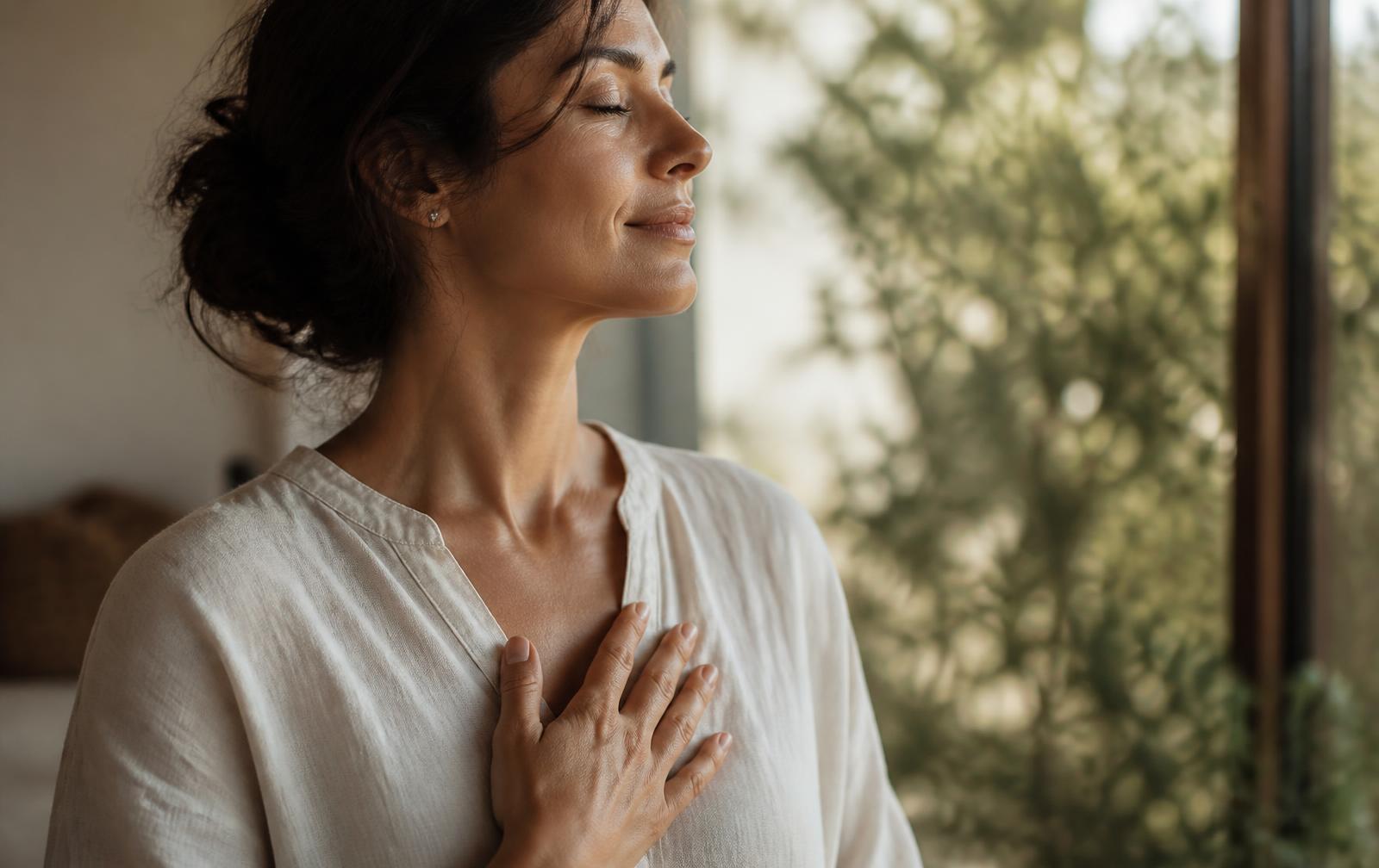 Woman in soft linen resting a hand over her heart in warm morning light, pausing to listen to what her body is communicating