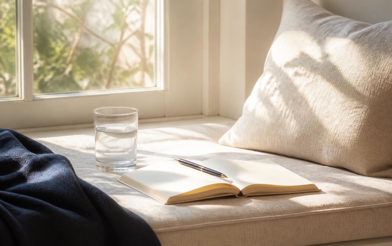 Sunlit window seat with an open journal, pen, and glass of water — a quiet space for reflection and energy stewardship