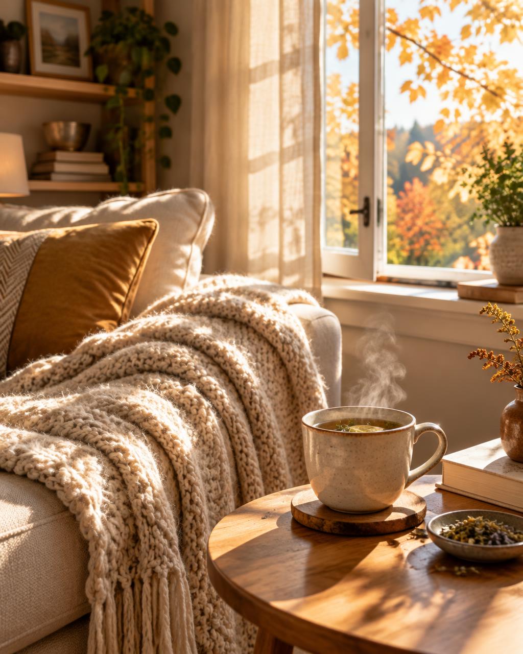 A warm autumn living room with a steaming mug of tea on a wooden table beside an open window showing golden fall leaves