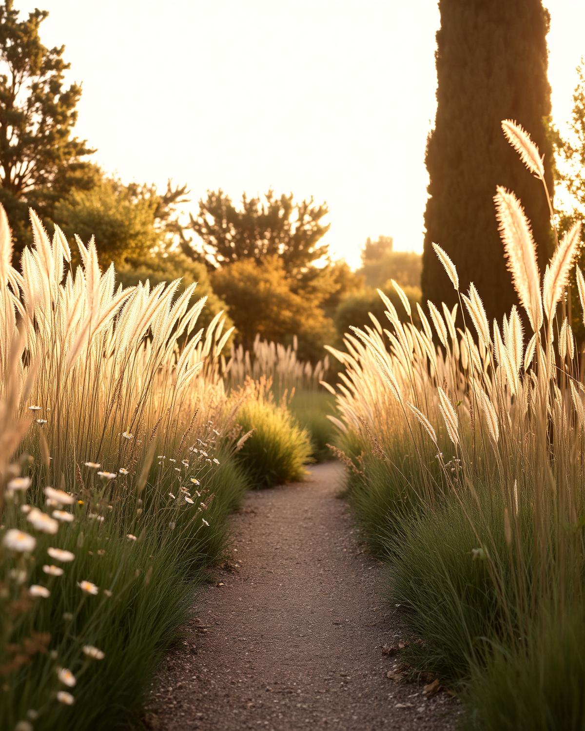 Ongoing wellness coaching and long-term health coaching — a quiet garden path lined with wildflowers and tall grasses at golden hour, symbolizing the Continuum™ rhythm of preventive wellness