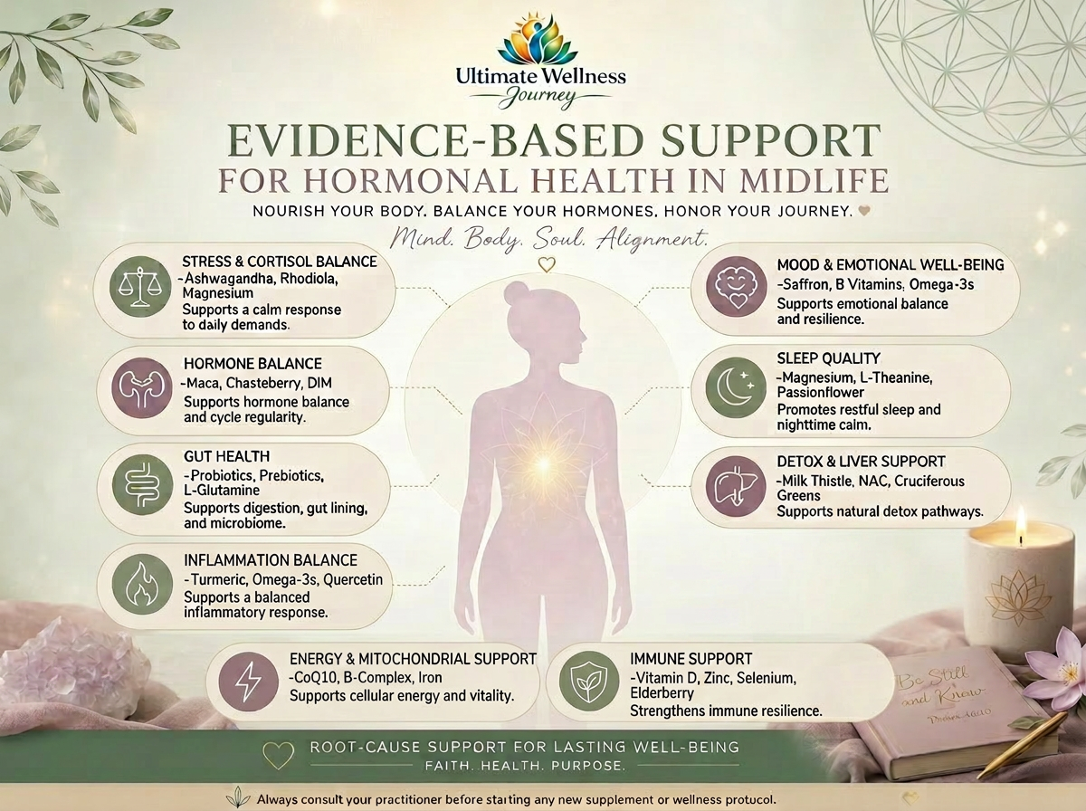Evidence-based support for hormonal health in midlife — educational infographic