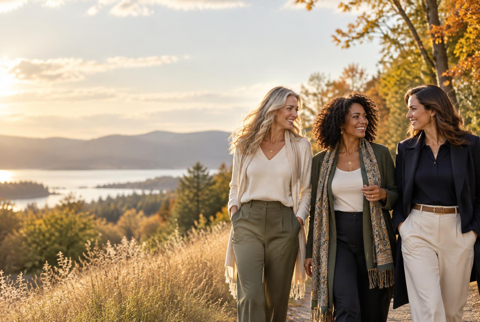 Three midlife women walking together in warm fall light