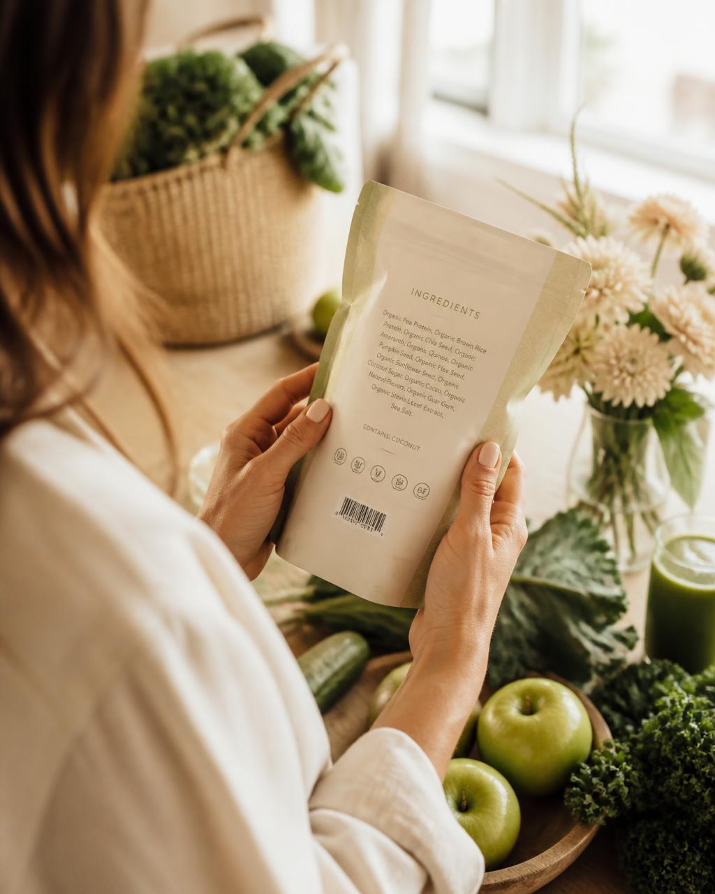Woman reading a food ingredient label in a warm, sunlit kitchen surrounded by fresh whole foods