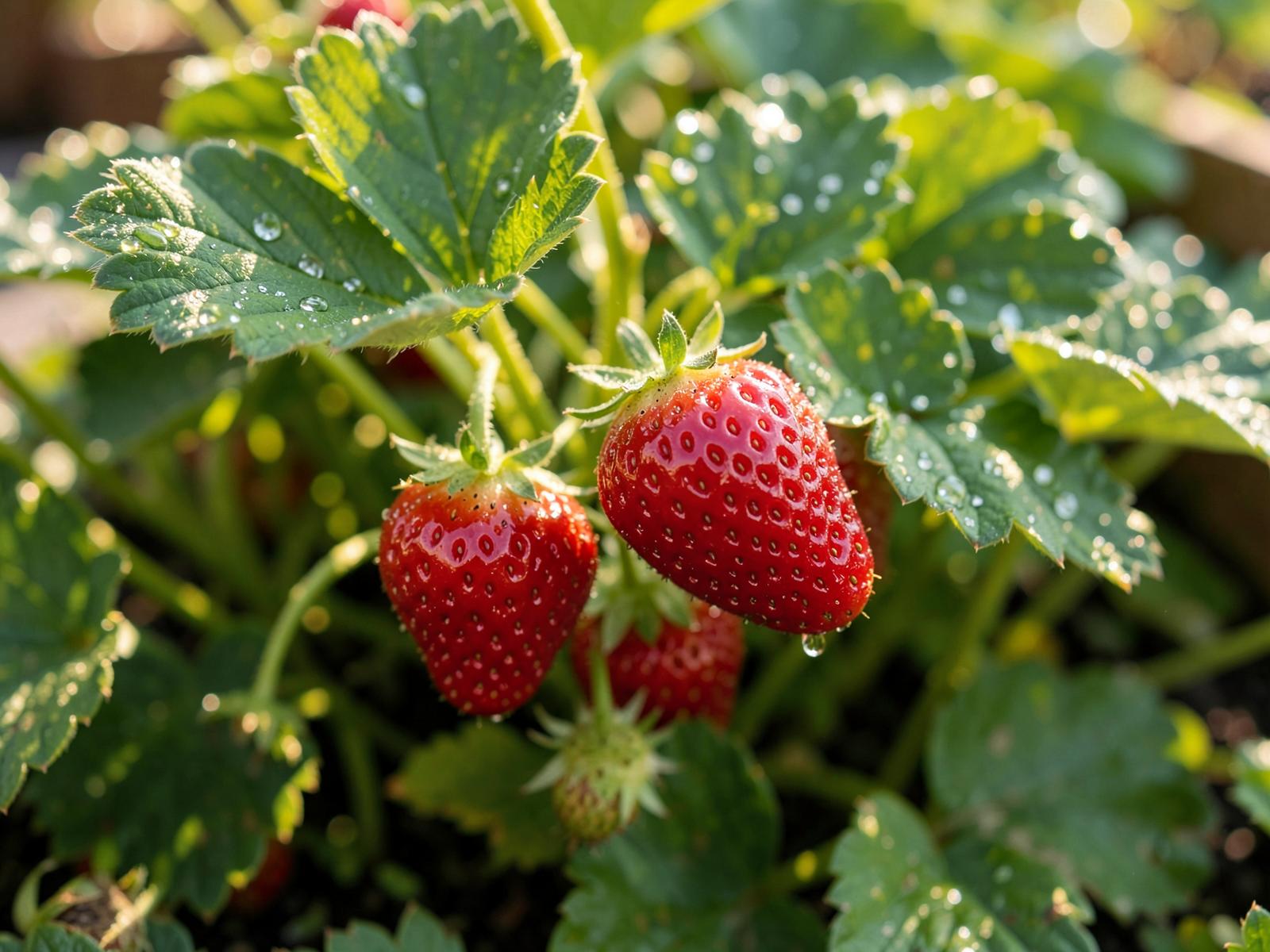 Close-up of ripe red strawberries growing on the vine in a sunlit garden with morning dew on green leaves