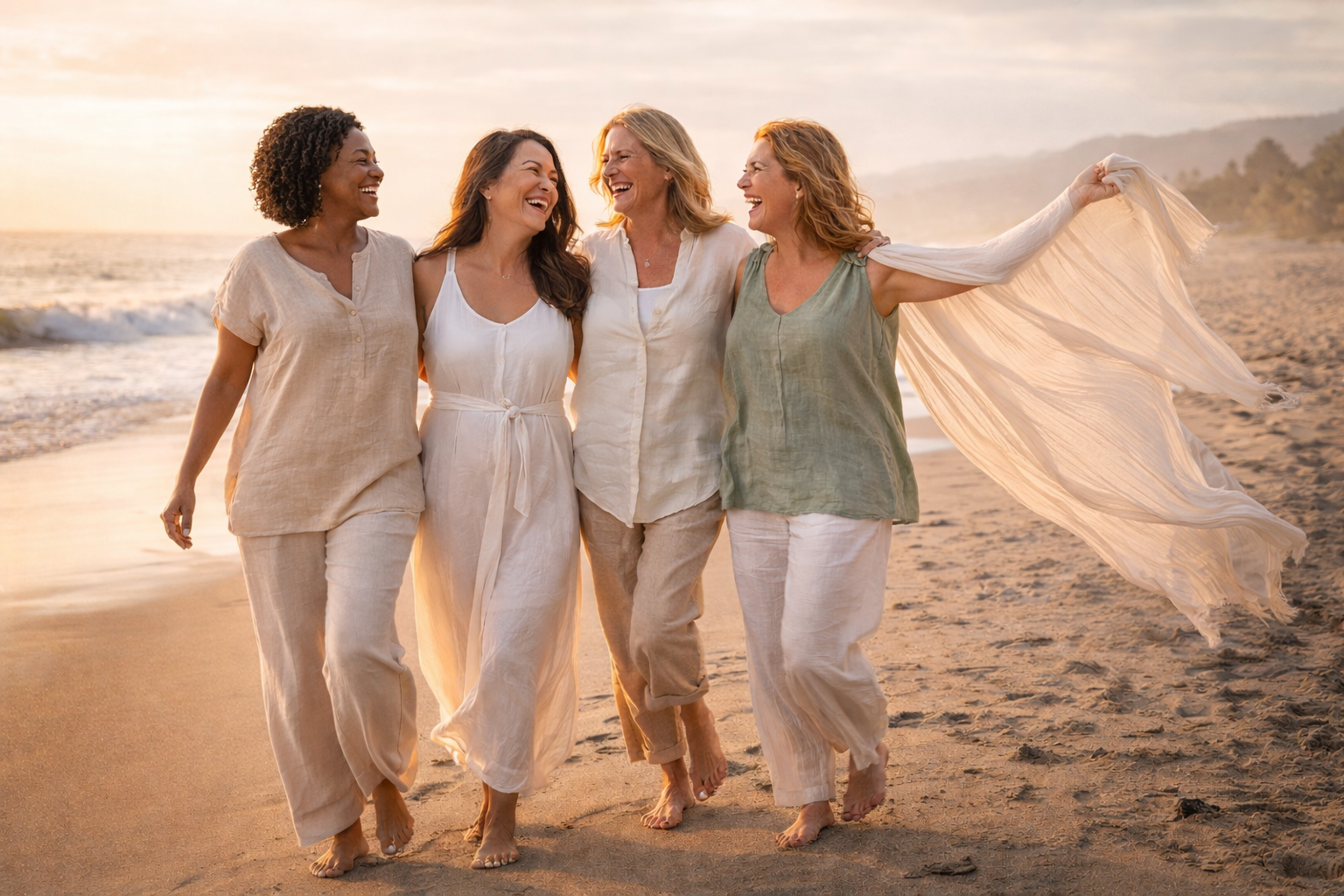 Diverse women walking together on the beach at sunset