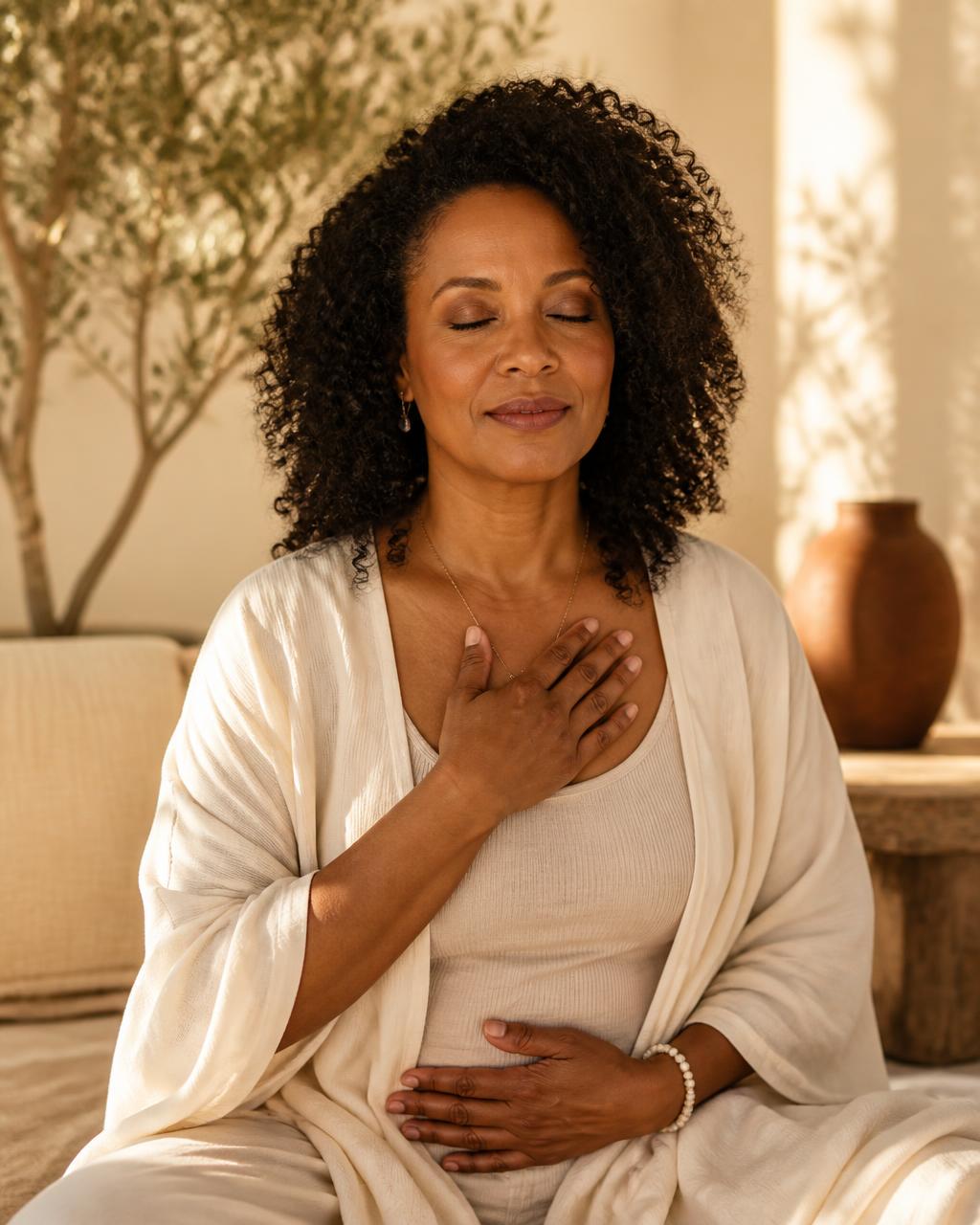 Woman seated quietly with eyes closed, one hand over her heart and one over her abdomen, receiving a moment of stillness and safety