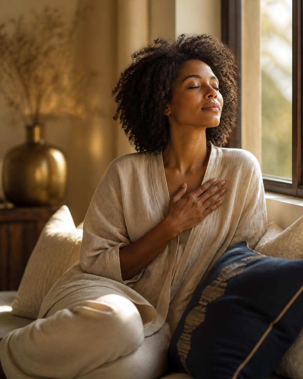 Woman resting quietly in warm morning light, hand over her heart, embodying the pause before pushing through