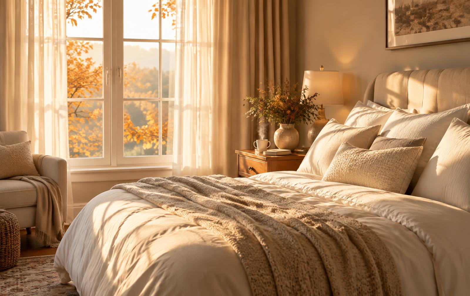 Soft morning light falling across a neatly made bed with warm ivory linens beside a window showing golden autumn leaves