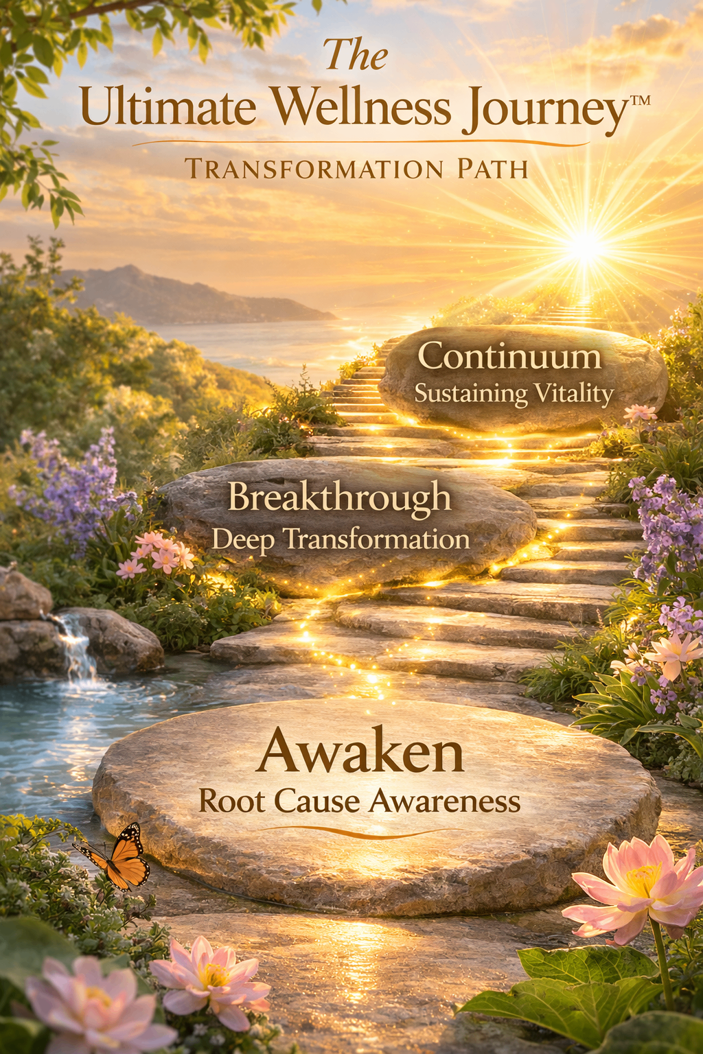 Stone pathway leading through a garden toward golden sunlight