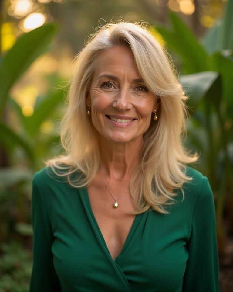 Blonde woman in botanical garden